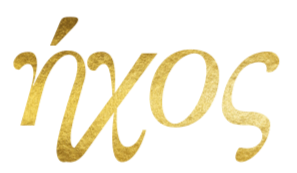 ήχος logo Greek letters for ixos in gold foil
